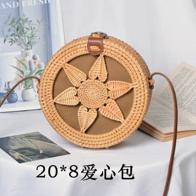 Round Rattan Straw Bag Crossbody Canteen Beach Purse Boho Bohemian Handbag Handmade Messenger Bag Natural Brown Beige Black White Colors Over 50 Different Styles!