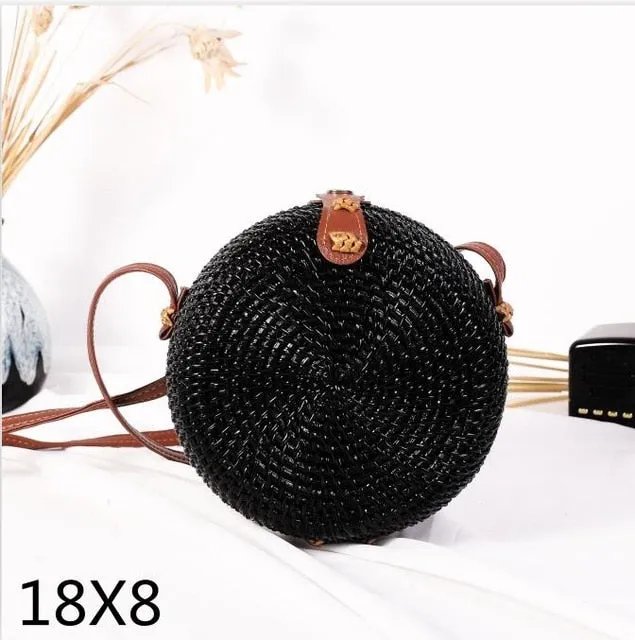 Round Rattan Straw Bag Crossbody Canteen Beach Purse Boho Bohemian Handbag Handmade Messenger Bag Natural Brown Beige Black White Colors Over 50 Different Styles!