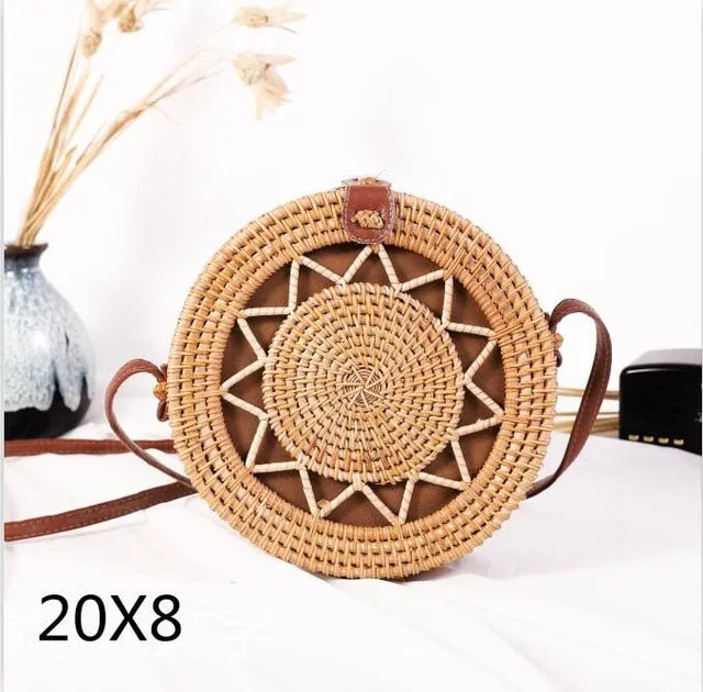 Round Rattan Straw Bag Crossbody Canteen Beach Purse Boho Bohemian Handbag Handmade Messenger Bag Natural Brown Beige Black White Colors Over 50 Different Styles!