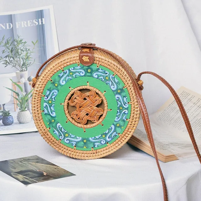 Round Rattan Straw Bag Crossbody Canteen Beach Purse Boho Bohemian Handbag Handmade Messenger Bag Natural Brown Beige Black White Colors Over 50 Different Styles!