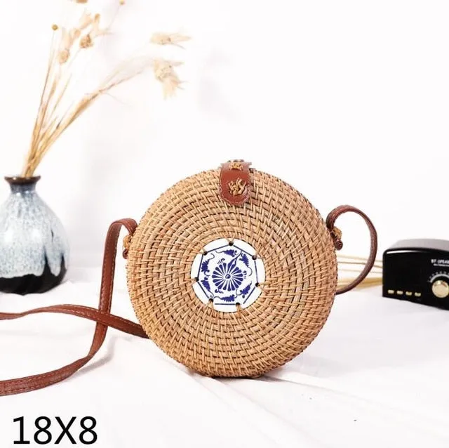 Round Rattan Straw Bag Crossbody Canteen Beach Purse Boho Bohemian Handbag Handmade Messenger Bag Natural Brown Beige Black White Colors Over 50 Different Styles!