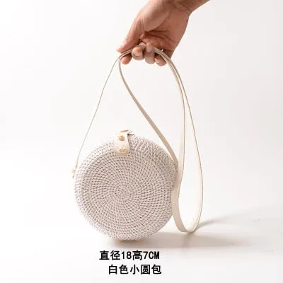 Round Rattan Straw Bag Crossbody Canteen Beach Purse Boho Bohemian Handbag Handmade Messenger Bag Natural Brown Beige Black White Colors Over 50 Different Styles!