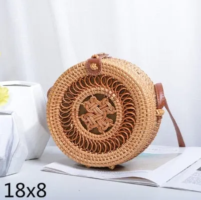 Round Rattan Straw Bag Crossbody Canteen Beach Purse Boho Bohemian Handbag Handmade Messenger Bag Natural Brown Beige Black White Colors Over 50 Different Styles!