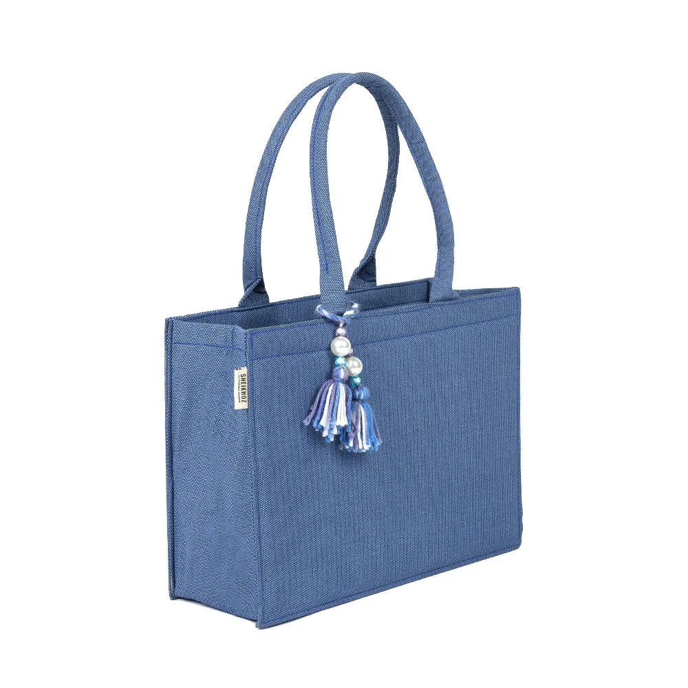 Self-Printed Blue Tote Bag with Tassel - Chic and Elegant