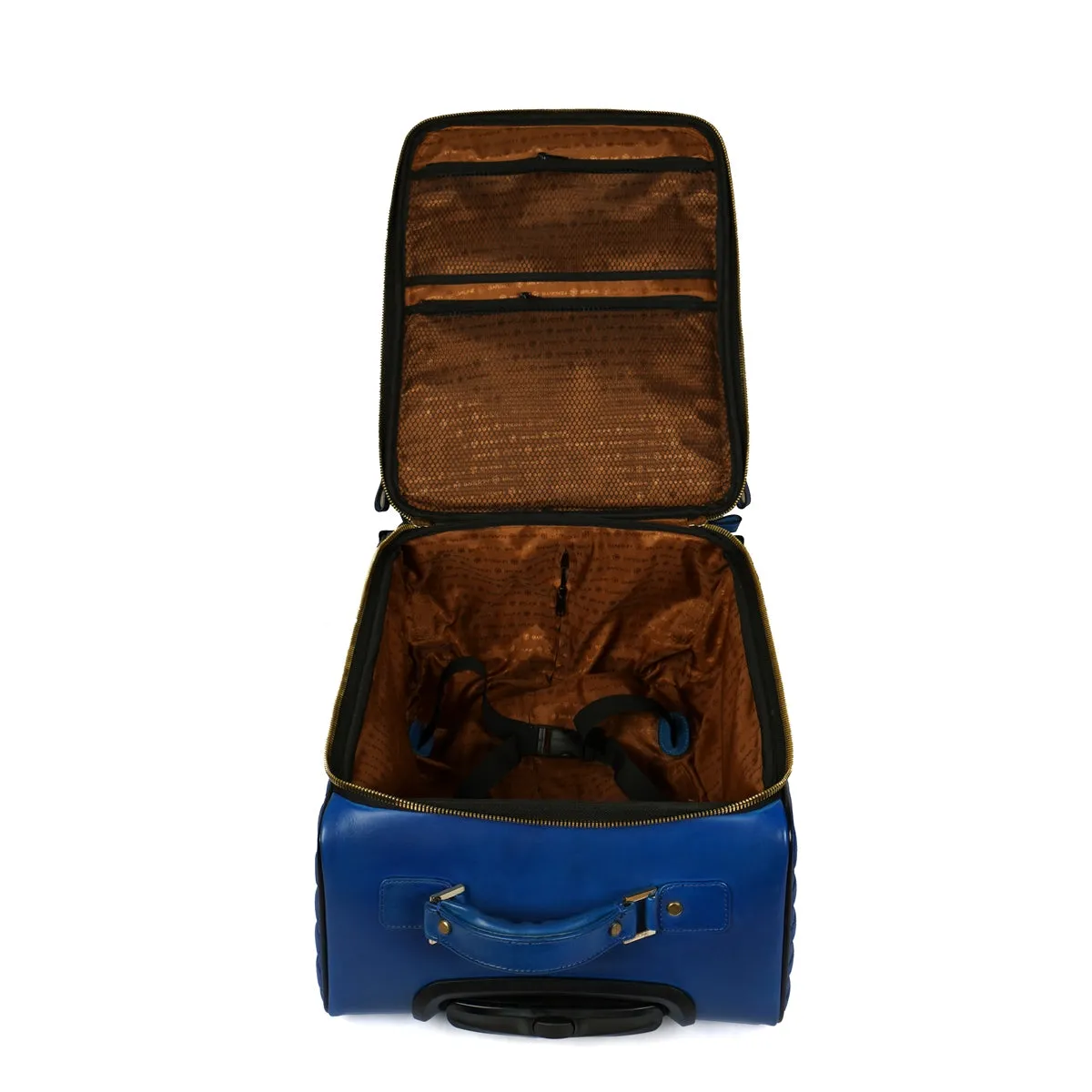 Sky Blue Leather Diamond Stitched Quad Wheel Trolley Bag With Embossed Lion Logo By Brune & Bareskin