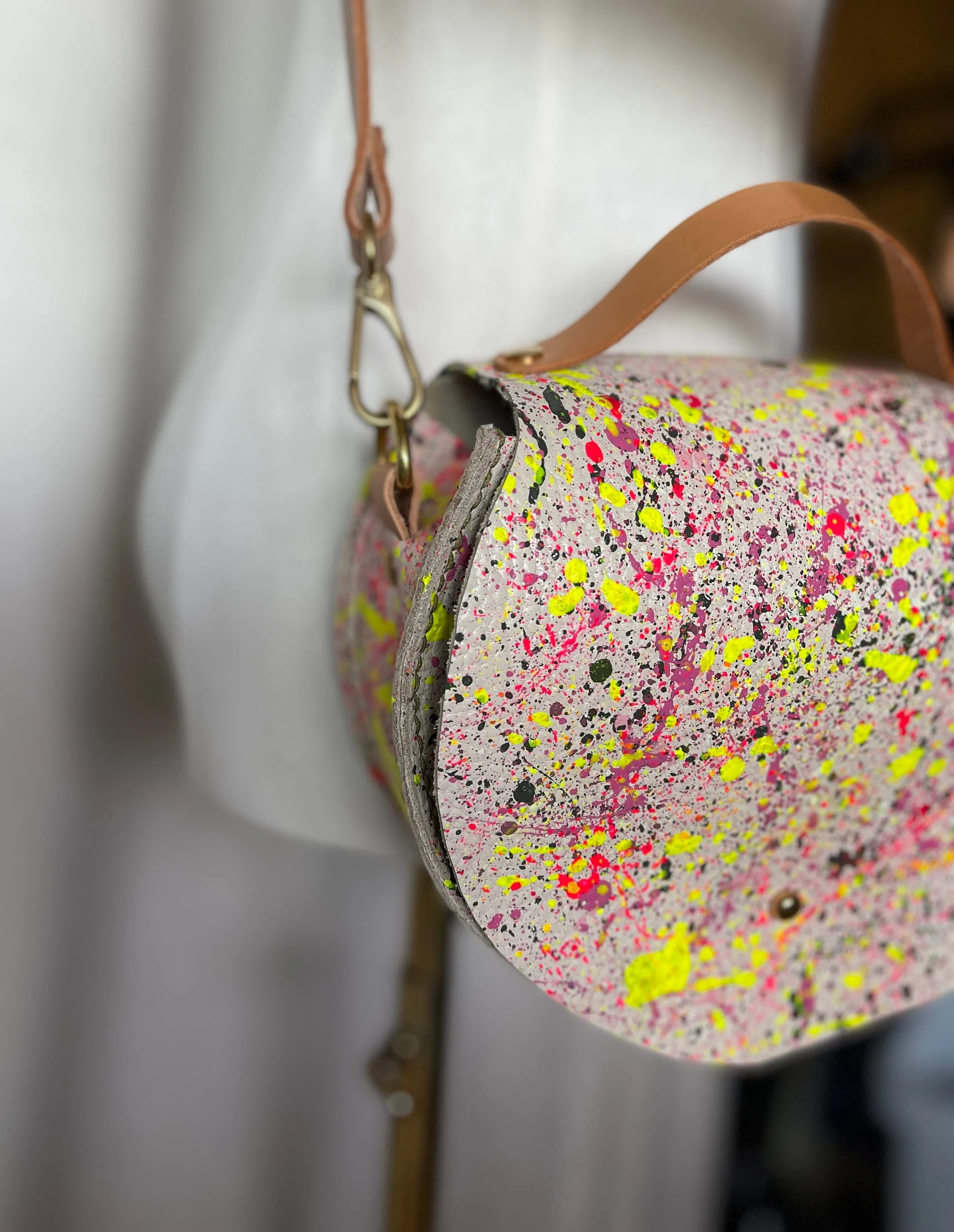 Splatter Leather Round Flap Shoulder Bag