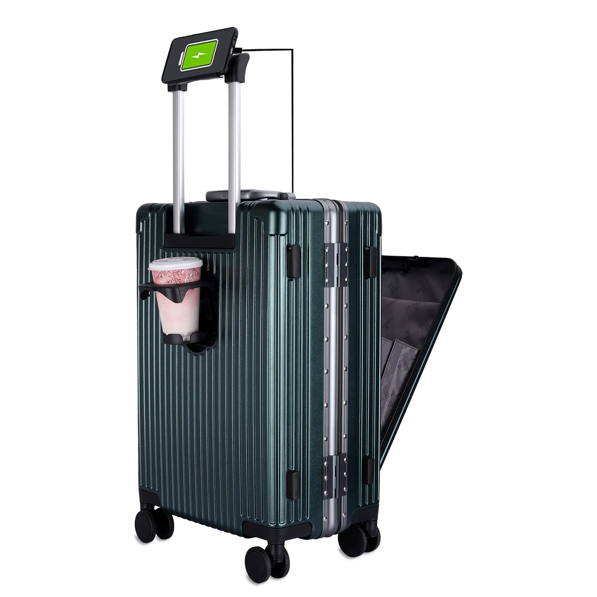 THE CLOWNFISH Ambassador Series Carry-On Luggage PolyCarbonate Hard Case Suitcase Eight Spinner Wheel Trolley Bag with TSA Lock, USB, Mobile Holder, Cup Holder- Forest Green (56 cm-22 inch)