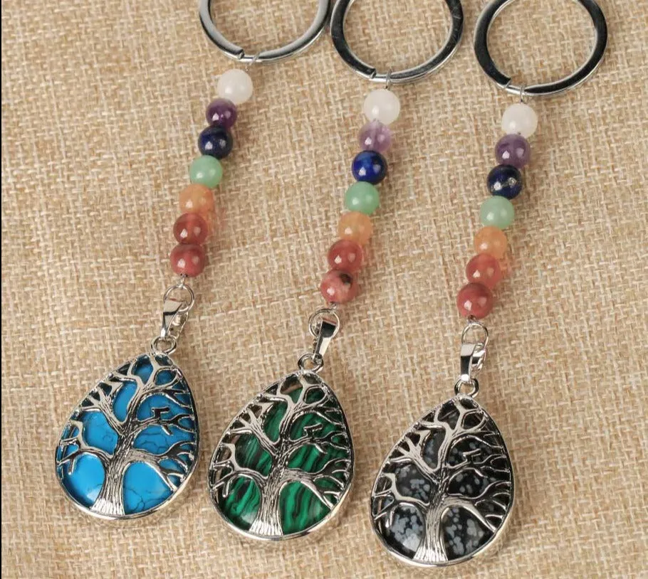 Tree of Life Keychain 7 Chakra Water Drop Natural Stone Key Holder Women Men Car Bag Keyring