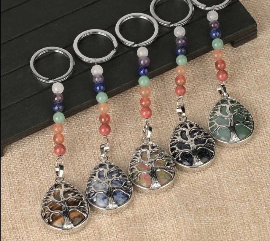 Tree of Life Keychain 7 Chakra Water Drop Natural Stone Key Holder Women Men Car Bag Keyring