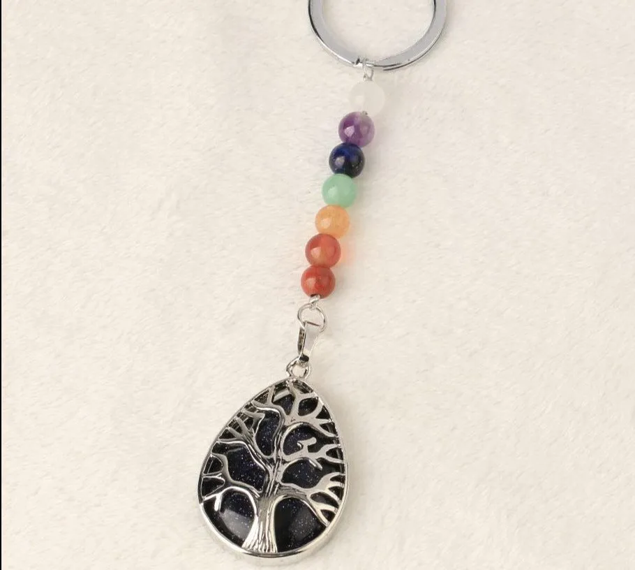 Tree of Life Keychain 7 Chakra Water Drop Natural Stone Key Holder Women Men Car Bag Keyring