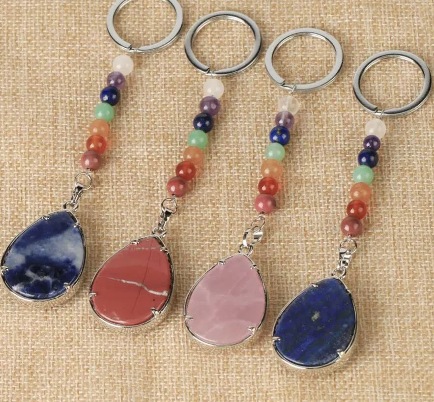 Tree of Life Keychain 7 Chakra Water Drop Natural Stone Key Holder Women Men Car Bag Keyring