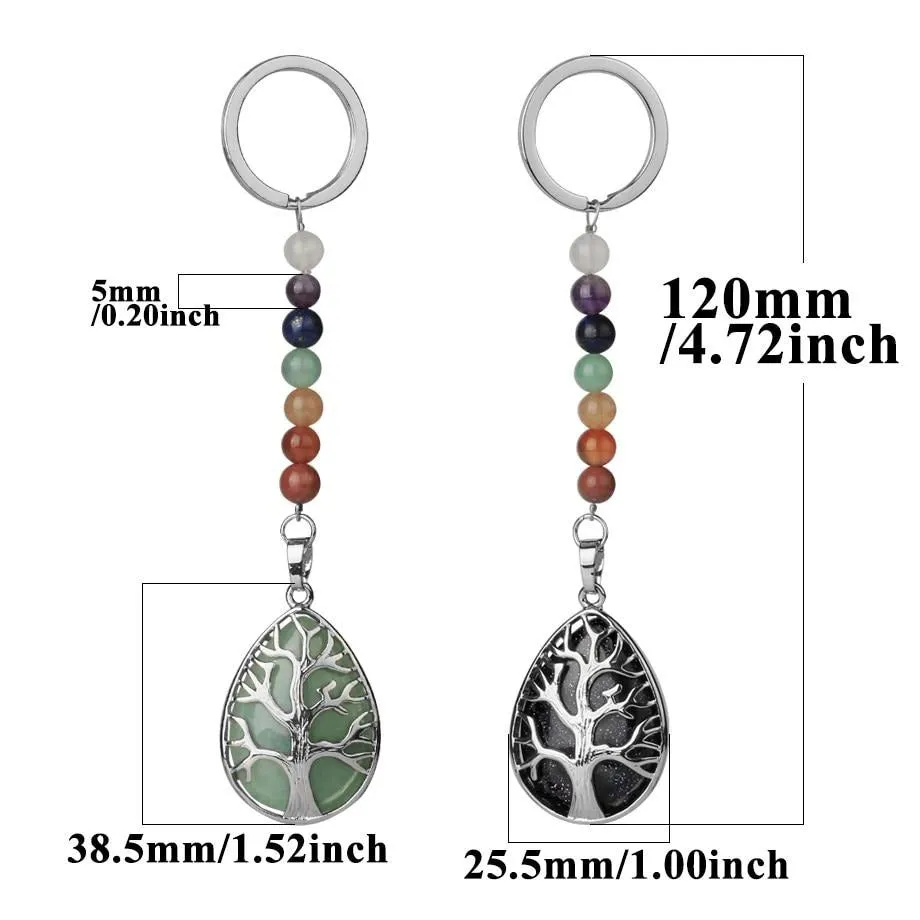 Tree of Life Keychain 7 Chakra Water Drop Natural Stone Key Holder Women Men Car Bag Keyring