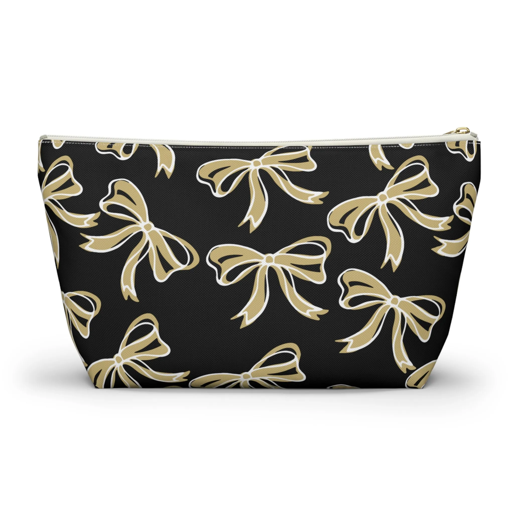 Trendy Bow Makeup Bag - Graduation Gift, Bed Party Gift, Acceptance Gift, College Gift, CU Boulder, UCF, Wake Forest, Black and Gold