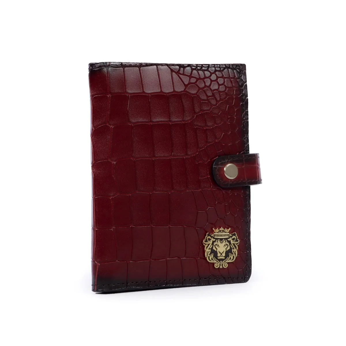 Wine Leather Passport Holder in Croco Textured with Snap Button