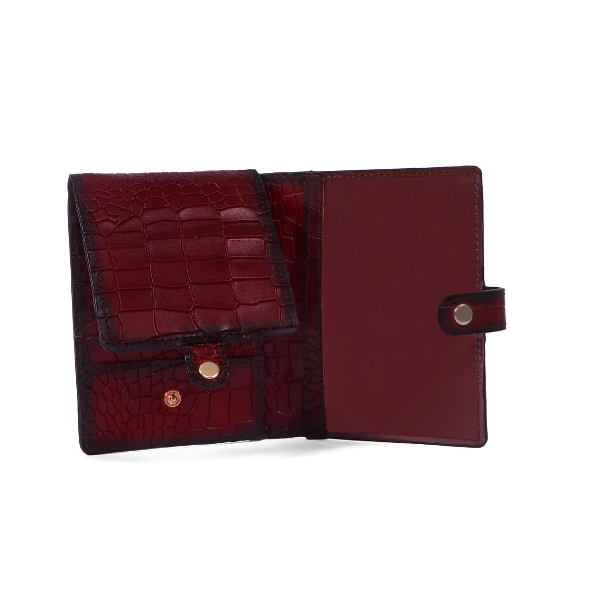 Wine Leather Passport Holder in Croco Textured with Snap Button