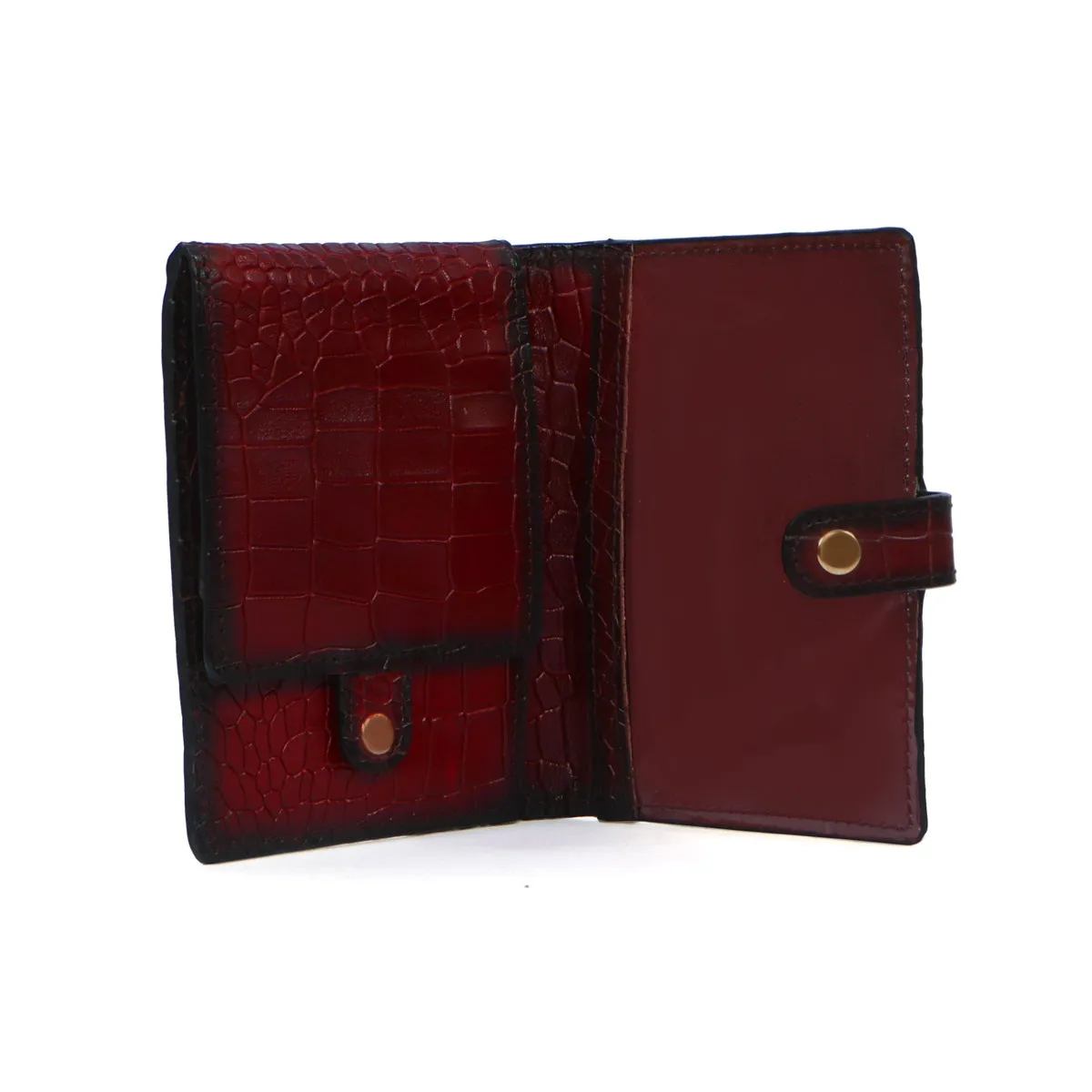 Wine Leather Passport Holder in Croco Textured with Snap Button