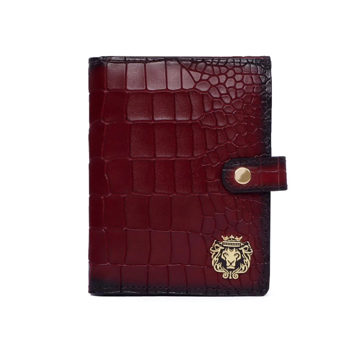 Wine Leather Passport Holder in Croco Textured with Snap Button