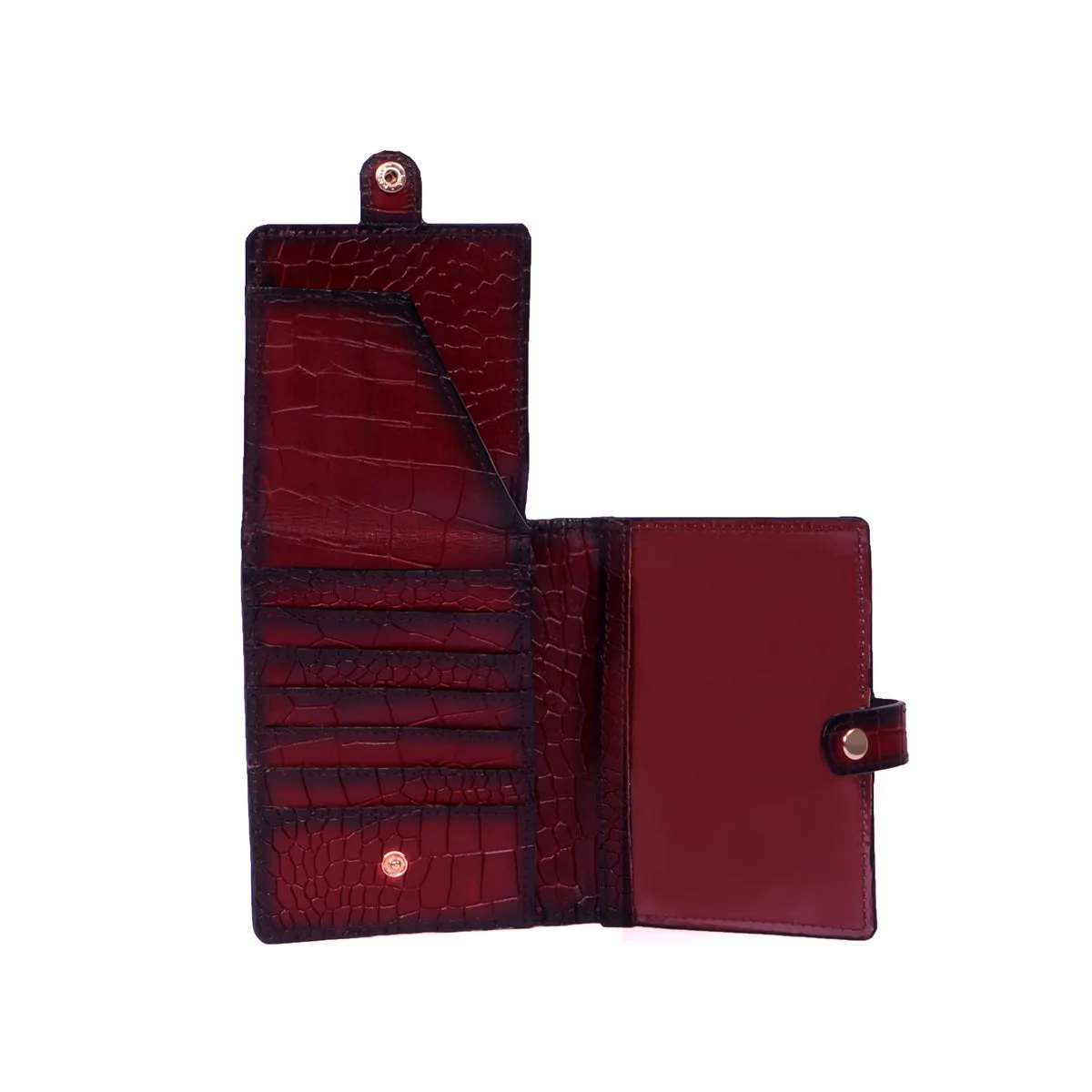 Wine Leather Passport Holder in Croco Textured with Snap Button