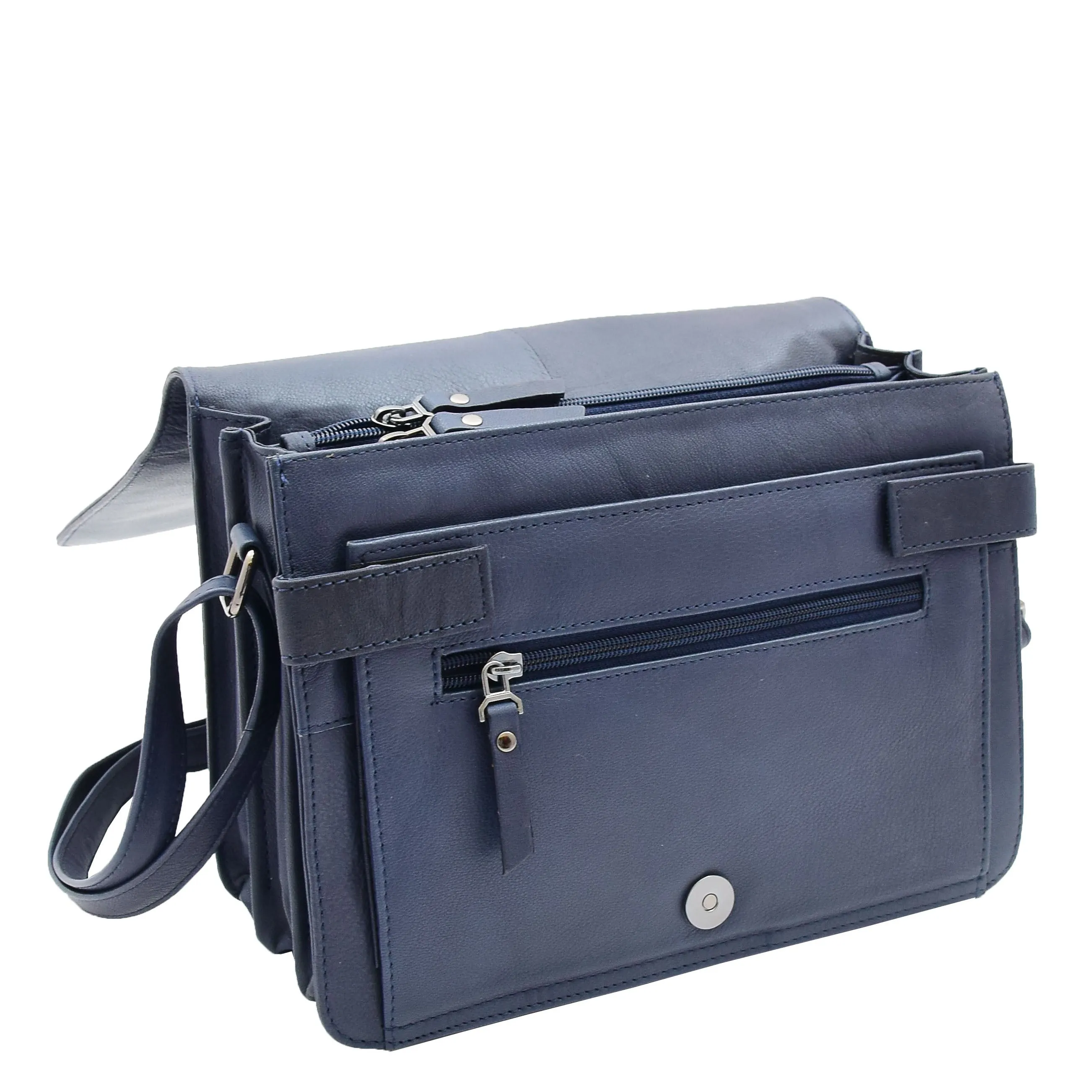 Womens Real Navy Leather Crossbody Messenger Bag Office Casual Organiser Ann