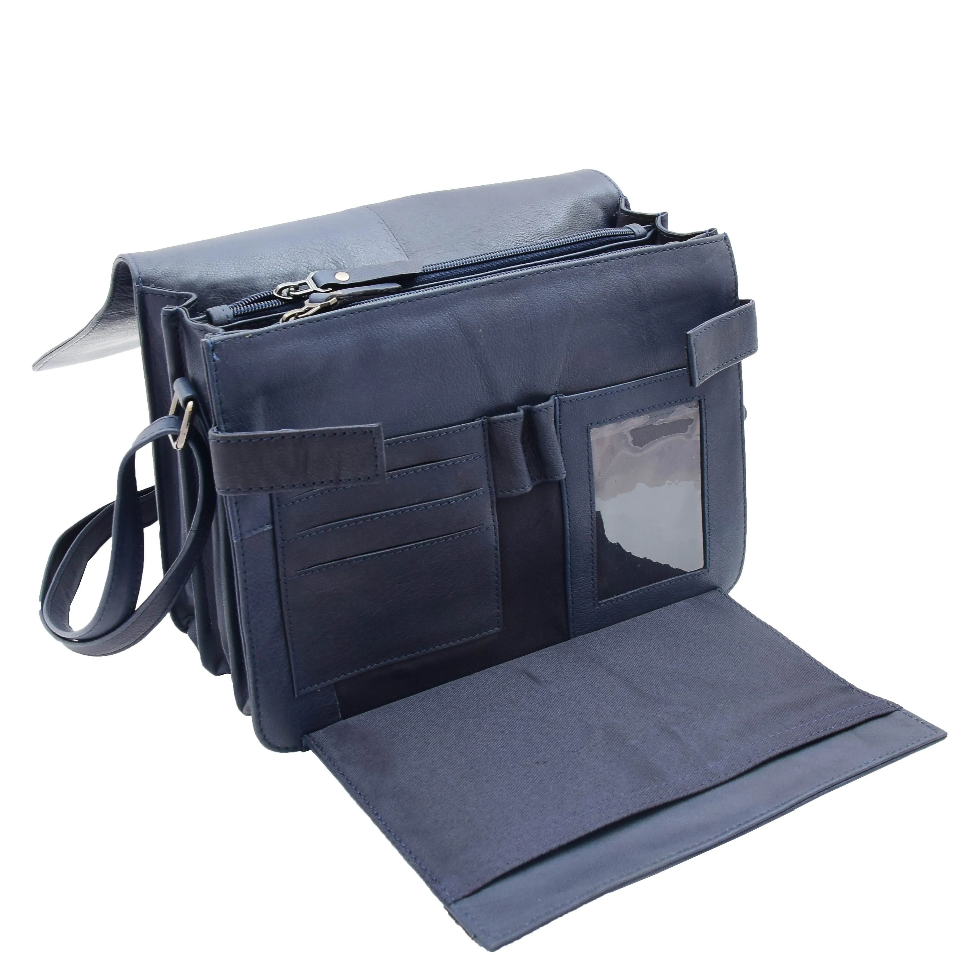 Womens Real Navy Leather Crossbody Messenger Bag Office Casual Organiser Ann